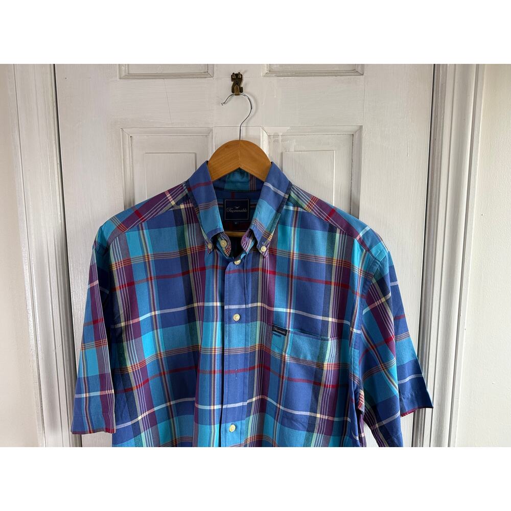 Facconable Short-Sleeve, Button-Down, Plaid Shirt… - image 1